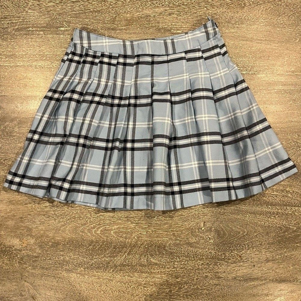 Streetwear Society Light Blue Navy Blue White Plaid Pleated Mini Skirt Small
